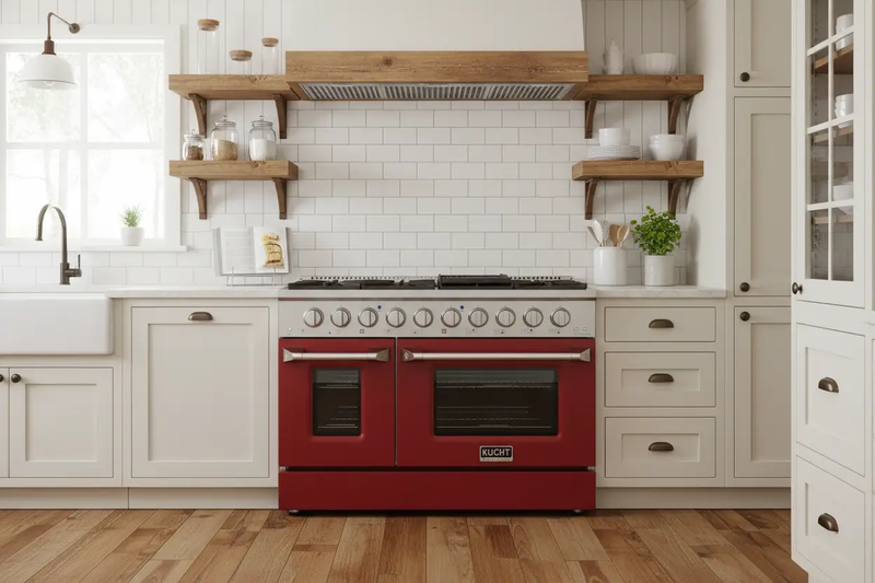 Kucht 48" Gas Range in Stainless Steel, Red Oven Doors, KNG481-R by Farmhouse Kitchen and Bath