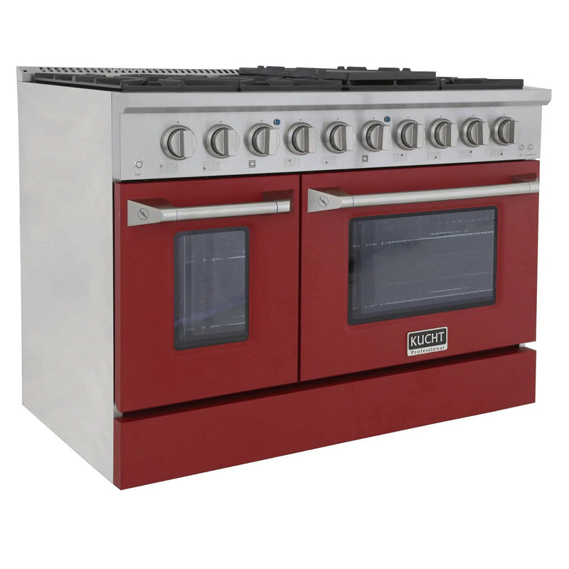 Kucht 48" Gas Range in Stainless Steel, Red Oven Doors, KNG481-R by Farmhouse Kitchen and Bath