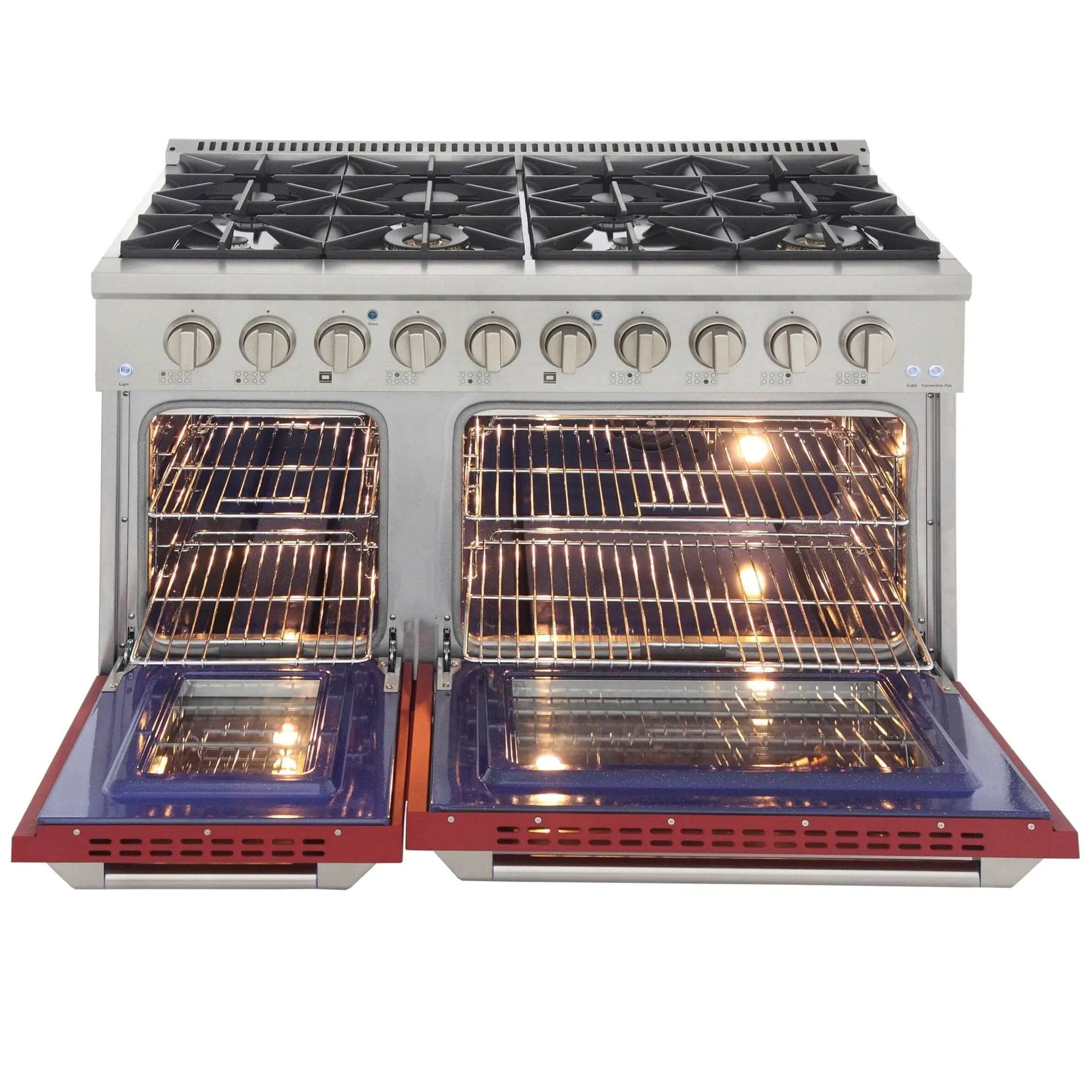 Kucht 48" Gas Range in Stainless Steel, Red Oven Doors, KNG481-R by Farmhouse Kitchen and Bath
