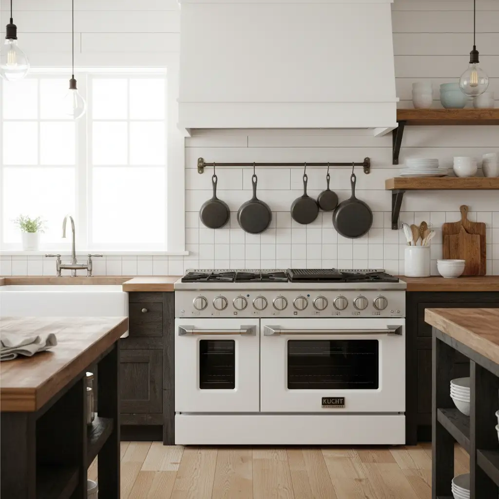 Kucht 48" Gas Range in Stainless Steel, White Oven Doors, KNG481-W by Farmhouse Kitchen and Bath