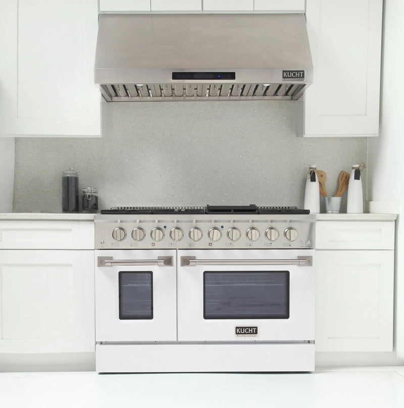 Kucht 48" Gas Range in Stainless Steel, White Oven Doors, KNG481-W by Farmhouse Kitchen and Bath