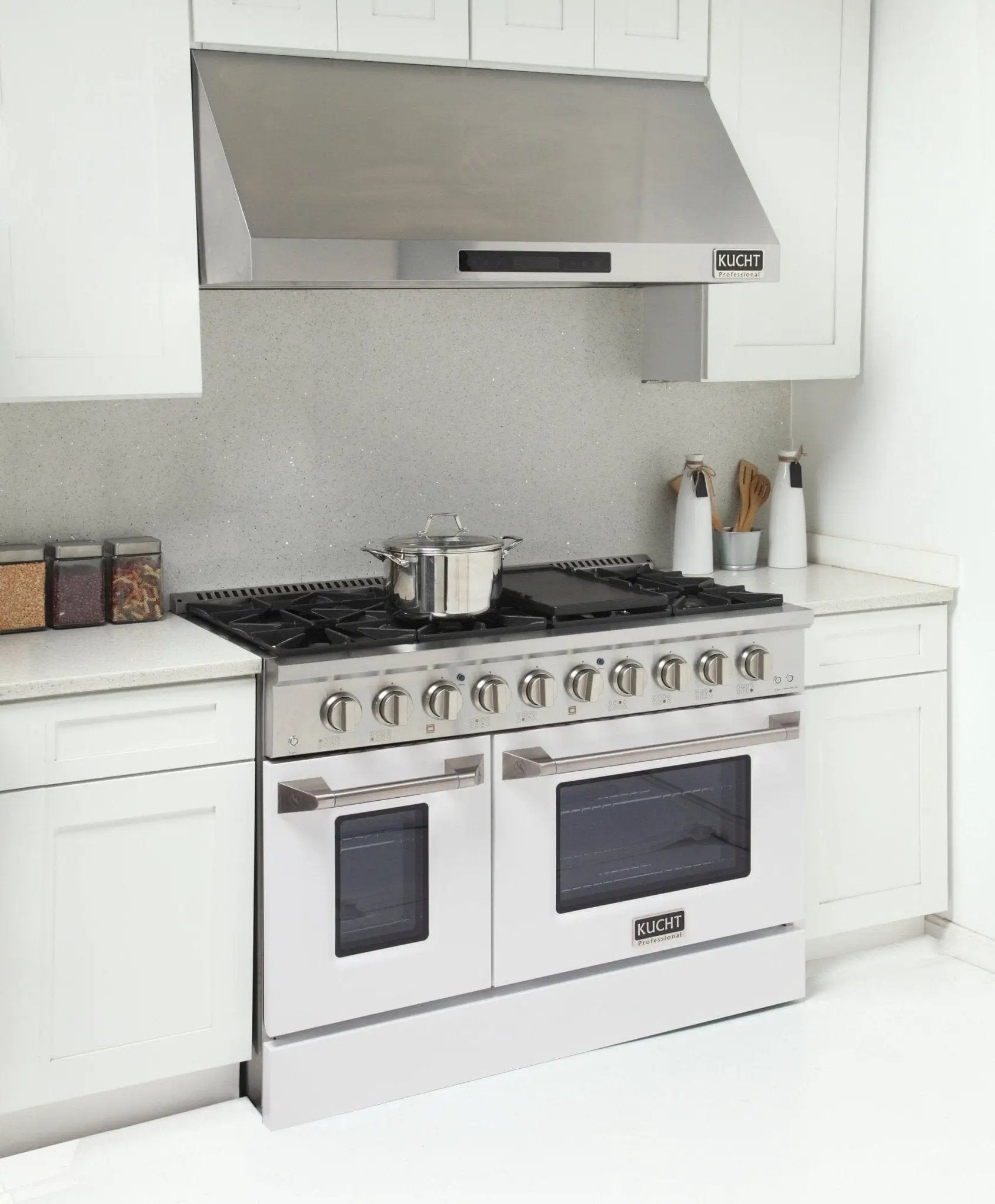 Kucht 48" Gas Range in Stainless Steel, White Oven Doors, KNG481-W by Farmhouse Kitchen and Bath