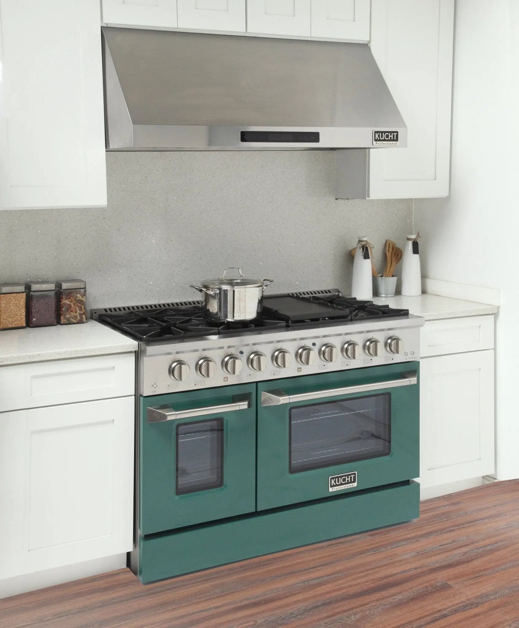 Kucht 48" Gas Range in Stainless Steel with Green Oven Doors, KNG481-G by Farmhouse Kitchen and Bath