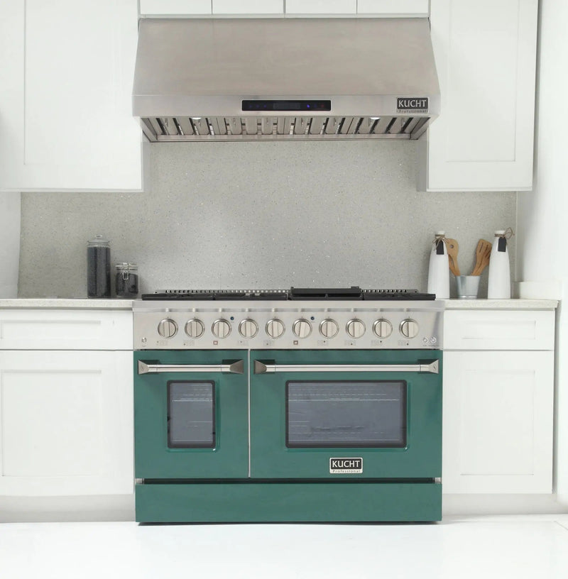 Kucht 48" Gas Range in Stainless Steel with Green Oven Doors, KNG481-G by Farmhouse Kitchen and Bath