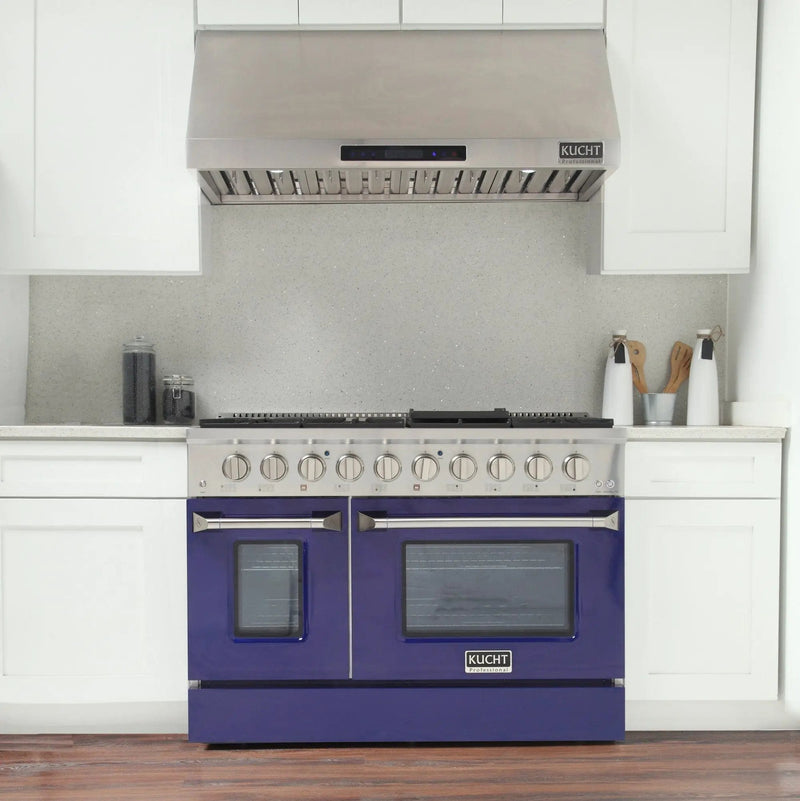 Kucht 48" Propane Range in Stainless Steel, Blue Doors, KNG481/LP-B by Farmhouse Kitchen and Bath