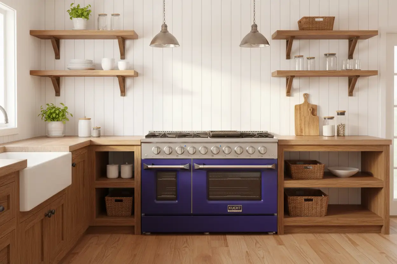 Kucht 48" Propane Range in Stainless Steel, Blue Doors, KNG481/LP-B by Farmhouse Kitchen and Bath