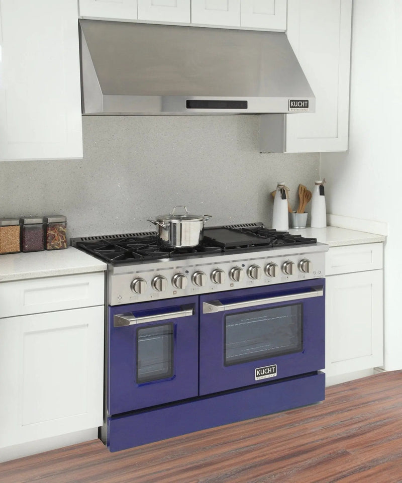 Kucht 48" Propane Range in Stainless Steel, Blue Doors, KNG481/LP-B by Farmhouse Kitchen and Bath