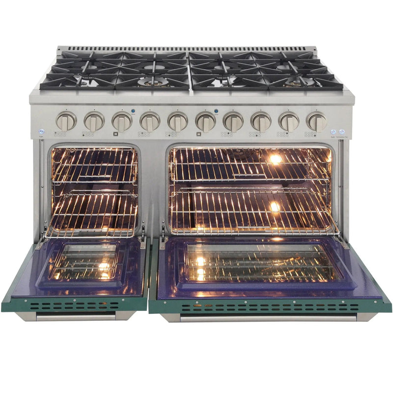 Kucht 48" Propane Range in Stainless Steel, Green Doors, KNG481/LP-G by Farmhouse Kitchen and Bath