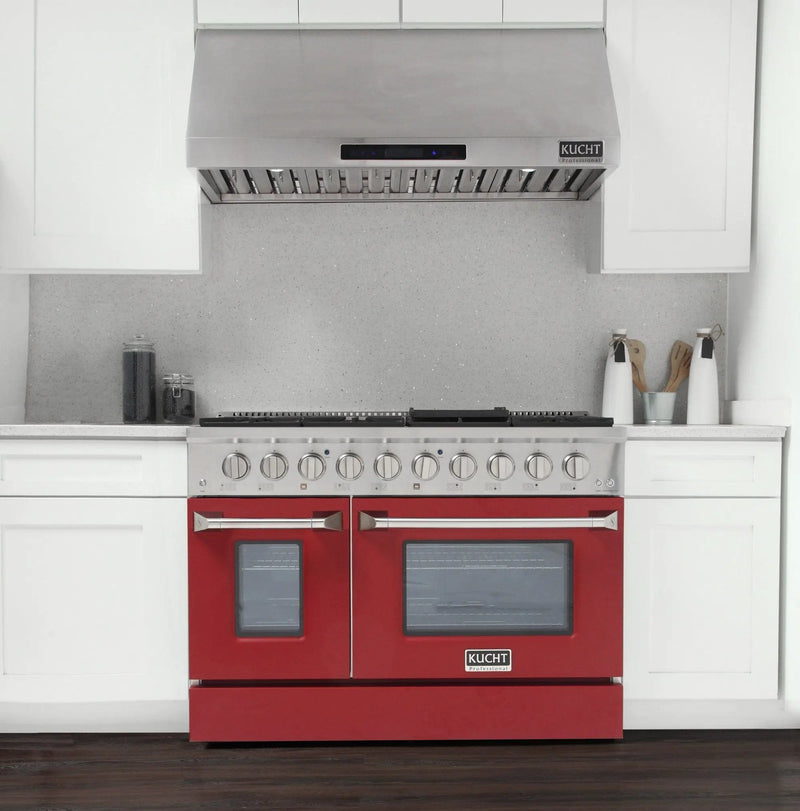 Kucht 48" Propane Range in Stainless Steel, Red Doors, KNG481/LP-R by Farmhouse Kitchen and Bath