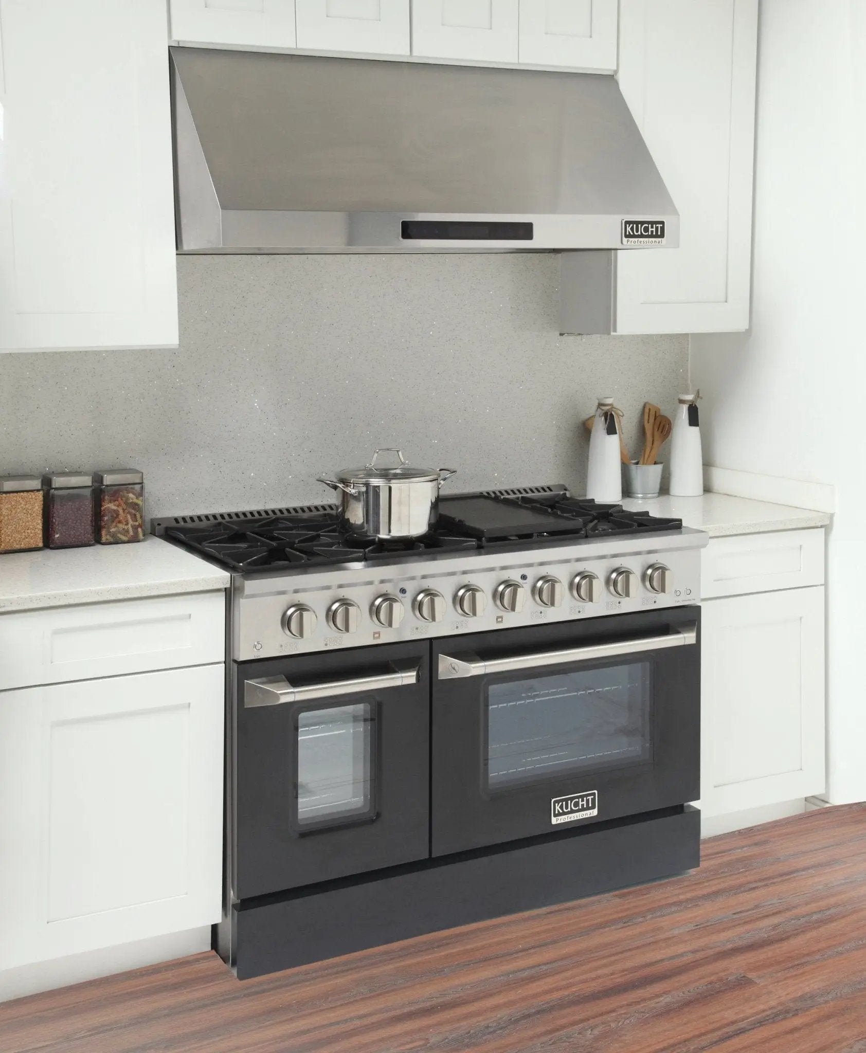 Kucht 48" Propane Range, Stainless Steel, Black Doors, KNG481/LP-K by Farmhouse Kitchen and Bath