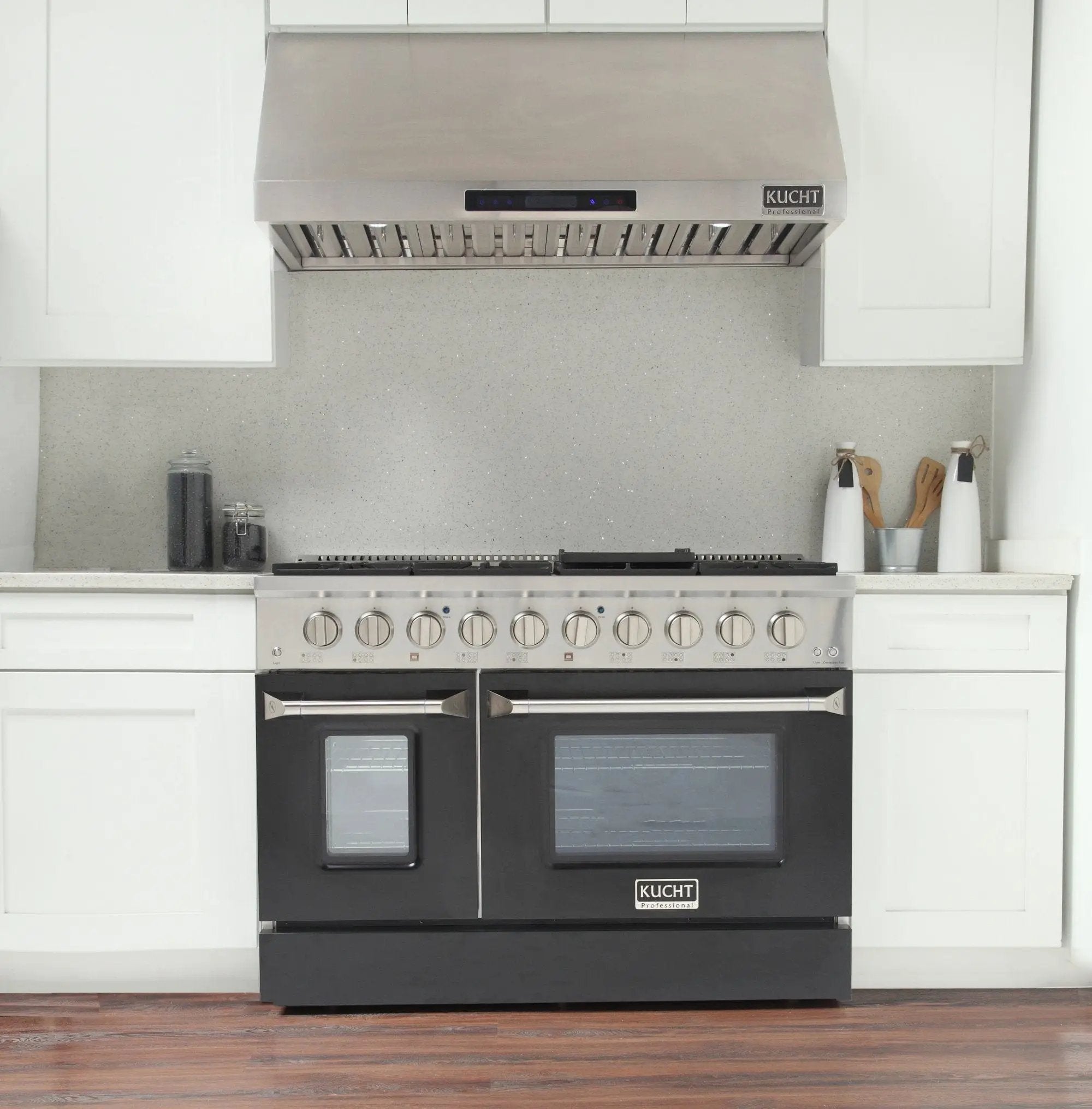 Kucht 48" Propane Range, Stainless Steel, Black Doors, KNG481/LP-K by Farmhouse Kitchen and Bath