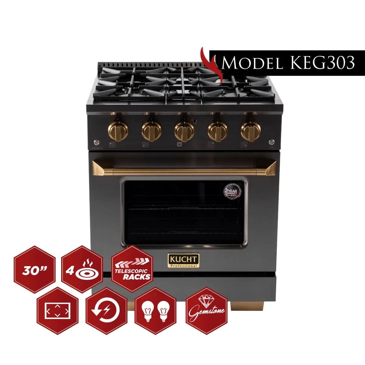 Kucht Gemstone Professional 30 in. 4.2 cu. ft. Natural Gas Range with Sealed Burners and Convection Oven in Titanium Stainless Steel KEG303 by Farmhouse Kitchen and Bath