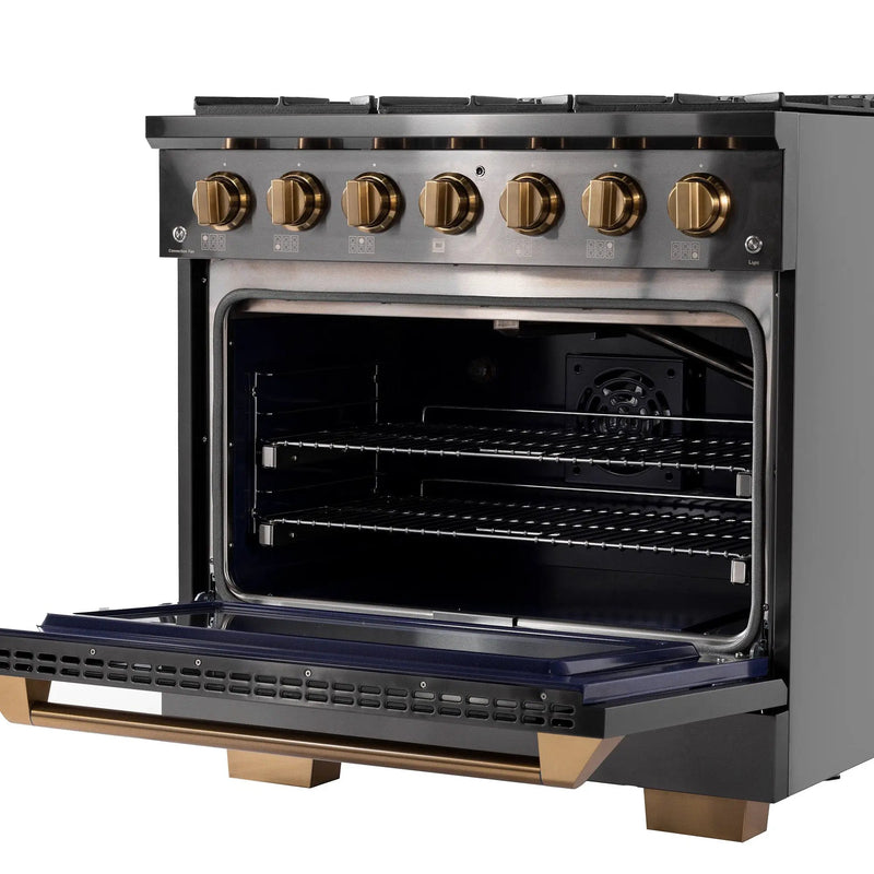 Kucht Gemstone Professional 36 in. 5.2 cu. ft. Natural Gas Range with Sealed Burners and Convection Oven in Titanium Stainless Steel KEG363 by Farmhouse Kitchen and Bath