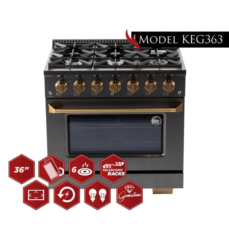 Kucht Gemstone Professional 36 in. 5.2 cu. ft. Propane Gas Range with Sealed Burners and Convection Oven in Titanium Stainless Steel KEG363/LP by Farmhouse Kitchen and Bath