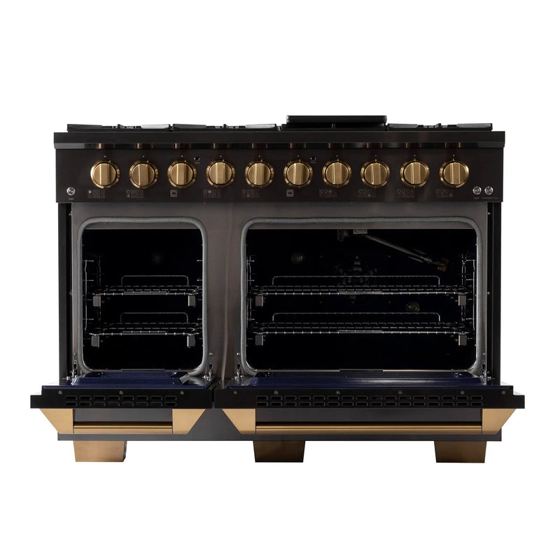 Kucht Gemstone Professional 48 in. 6.7 cu. ft. Propane Gas Range with Sealed Burners, Griddle/Grill and Two Ovens - One Convection - in Titanium Stainless Steel KEG483/LP by Farmhouse Kitchen and Bath