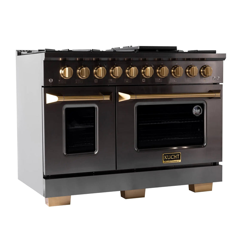 Kucht Gemstone Professional 48 in. 6.7 cu. ft. Propane Gas Range with Sealed Burners, Griddle/Grill and Two Ovens - One Convection - in Titanium Stainless Steel KEG483/LP by Farmhouse Kitchen and Bath