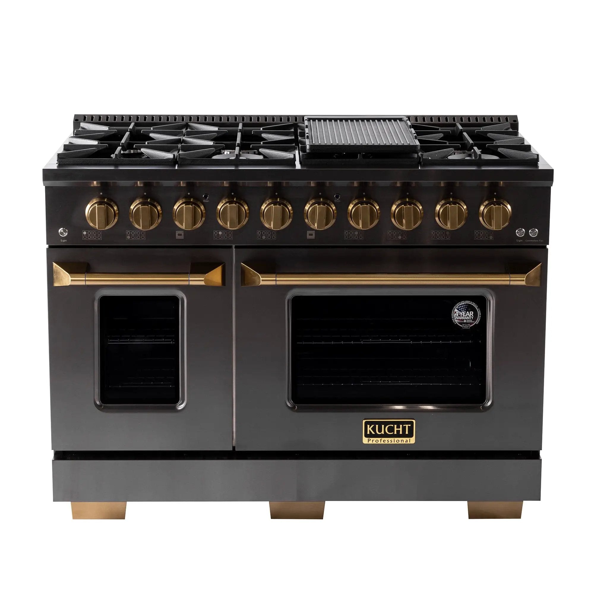 Kucht Gemstone Professional 48 in. 6.7 cu. ft. Propane Gas Range with Sealed Burners, Griddle/Grill and Two Ovens - One Convection - in Titanium Stainless Steel KEG483/LP by Farmhouse Kitchen and Bath