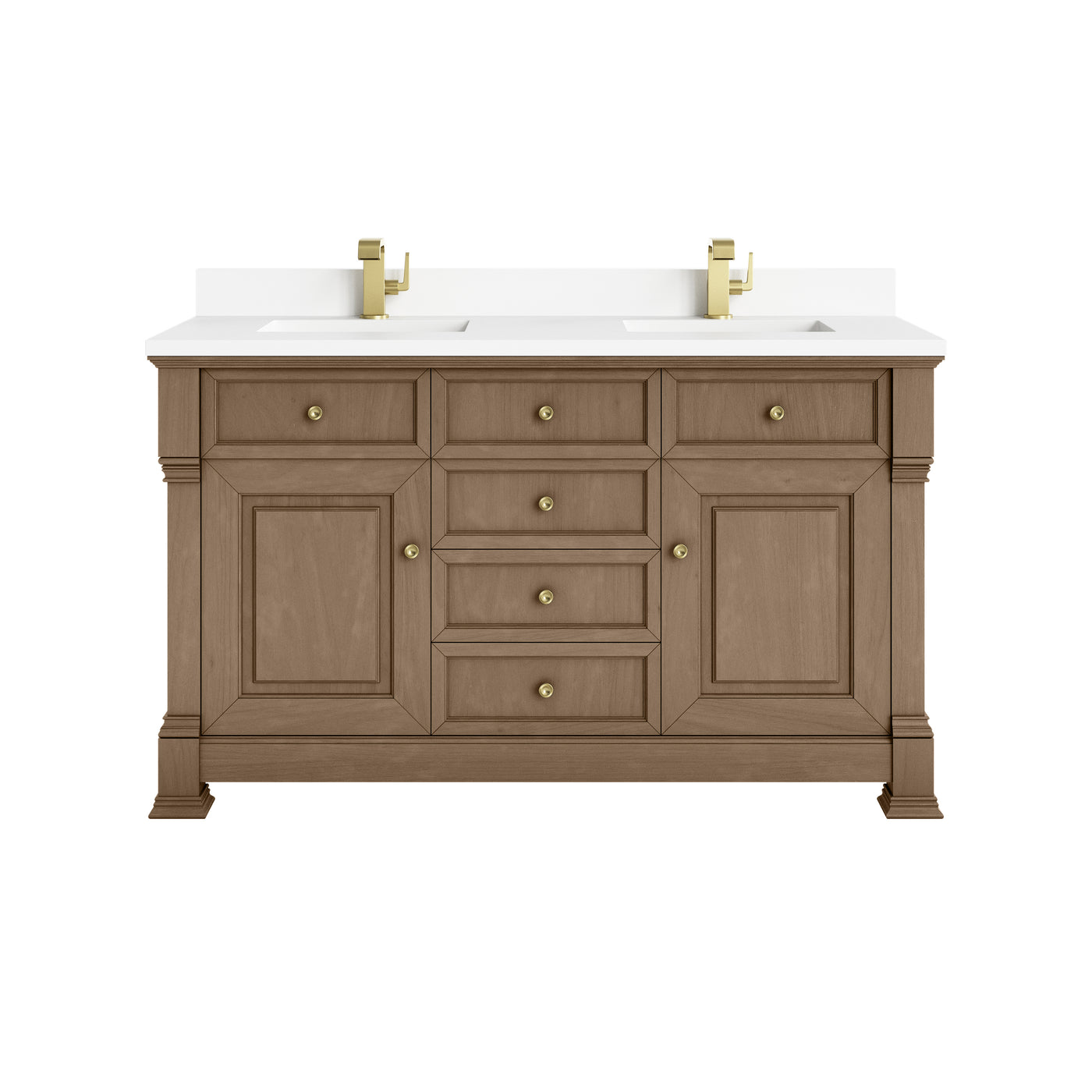 James Martin Brookfield 60" Double Bathroom Vanity, Pecan with White Zeus (Single Hole, with Backsplash) countertop