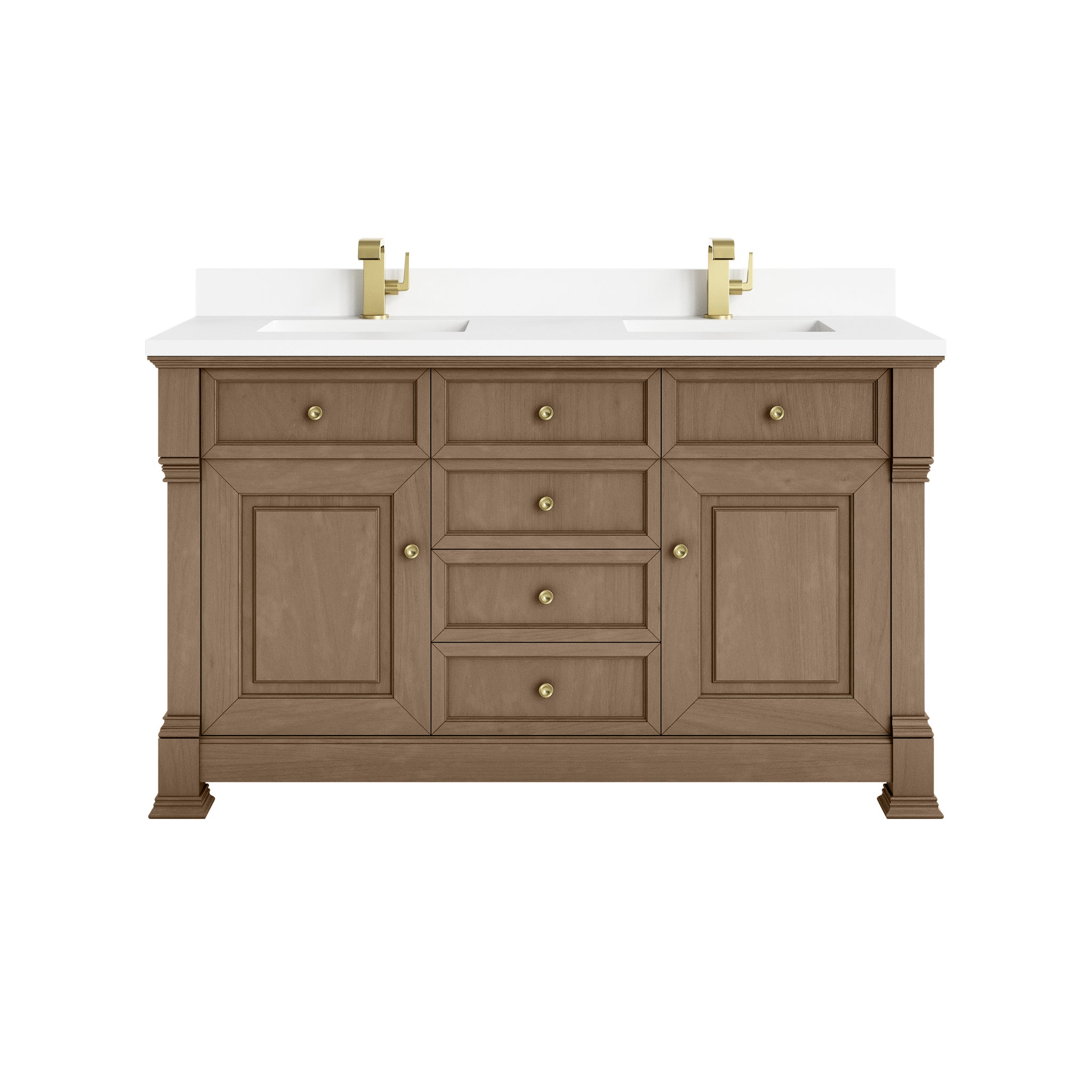 James Martin Brookfield 60" Double Bathroom Vanity, Pecan with White Zeus (Single Hole, with Backsplash) countertop