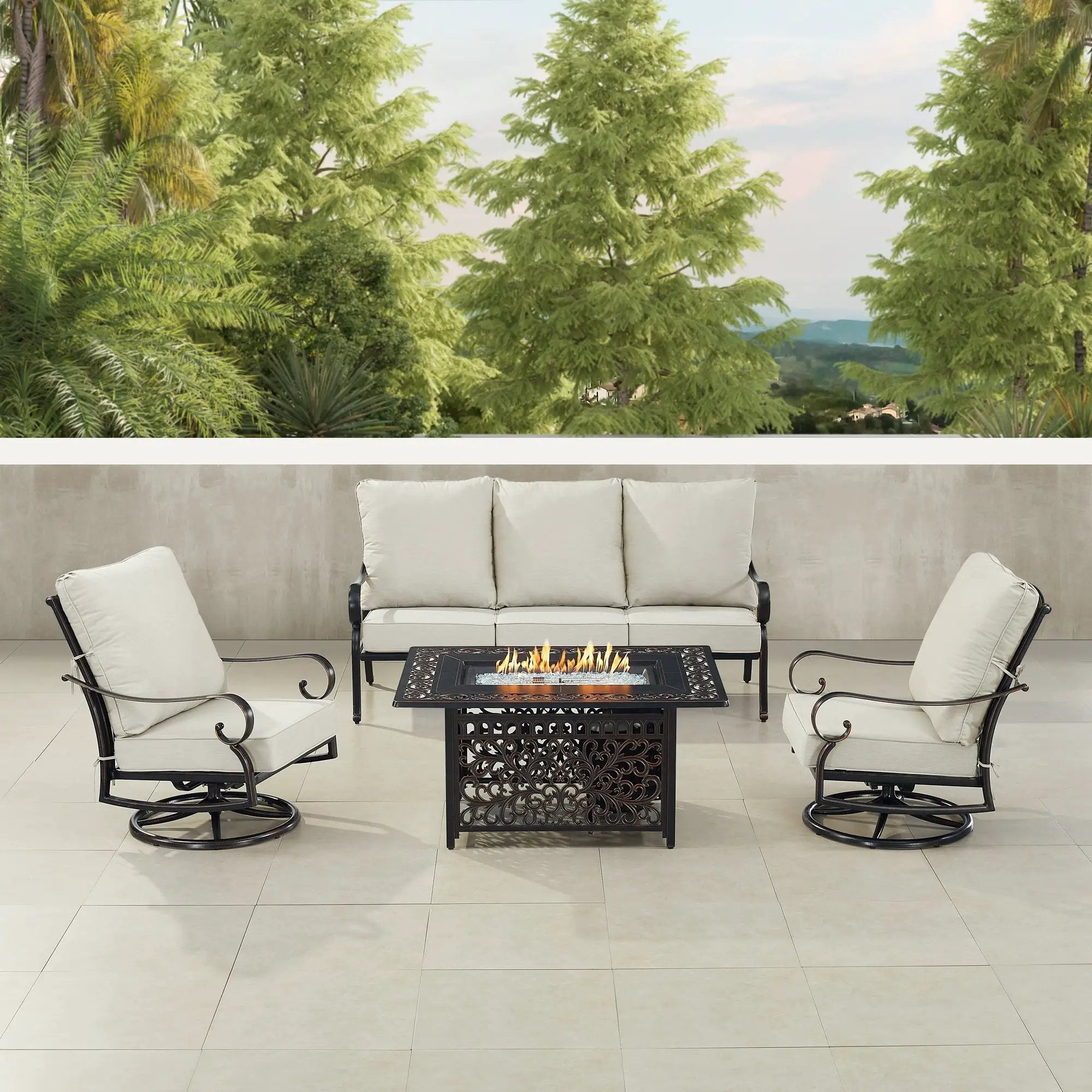Black Aluminum Fire Table Set with Sofa and Two Club Chairs by Sharicks