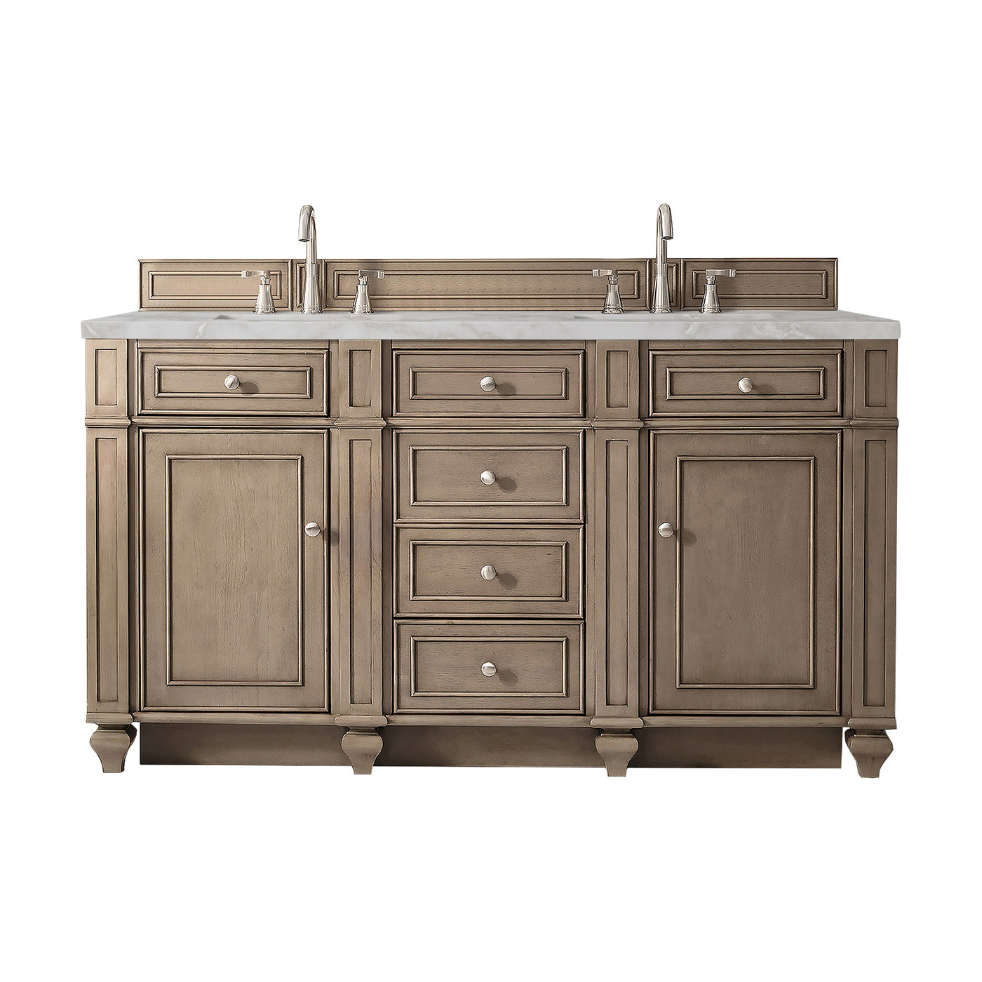 James Martin Bristol 60" Double Bathroom Vanity, Whitewashed Walnut with Victorian Silver (FreePower) countertop