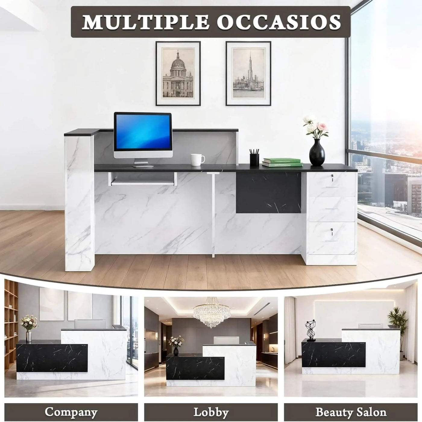 L-Shaped Modern Black And White Reception Desk With Lockable Drawers (SAK50729) by SAKSBY WHOLESALE
