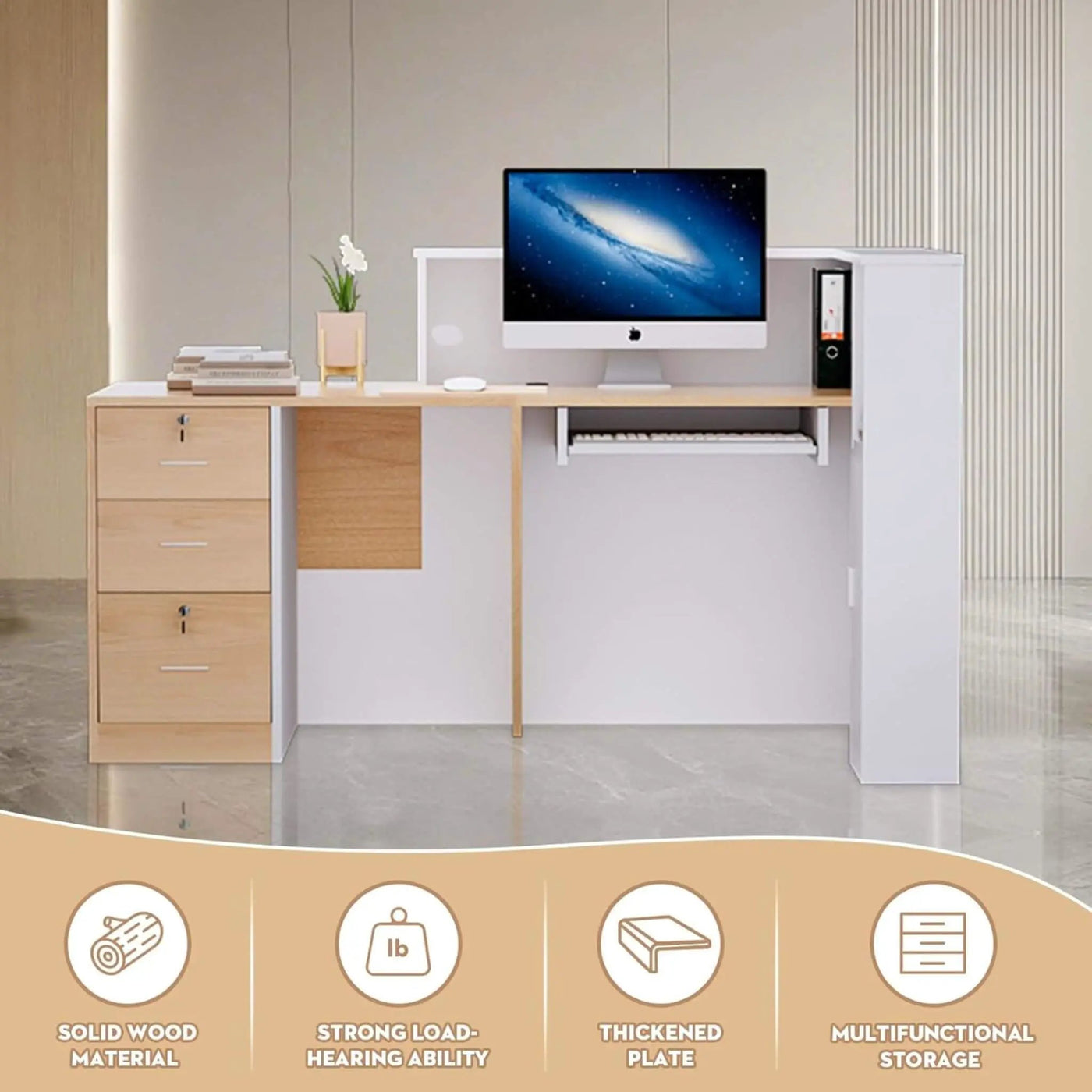 L-Shaped Modern Brown And White Reception Desk With Lockable Drawers (SAK26491) by SAKSBY WHOLESALE