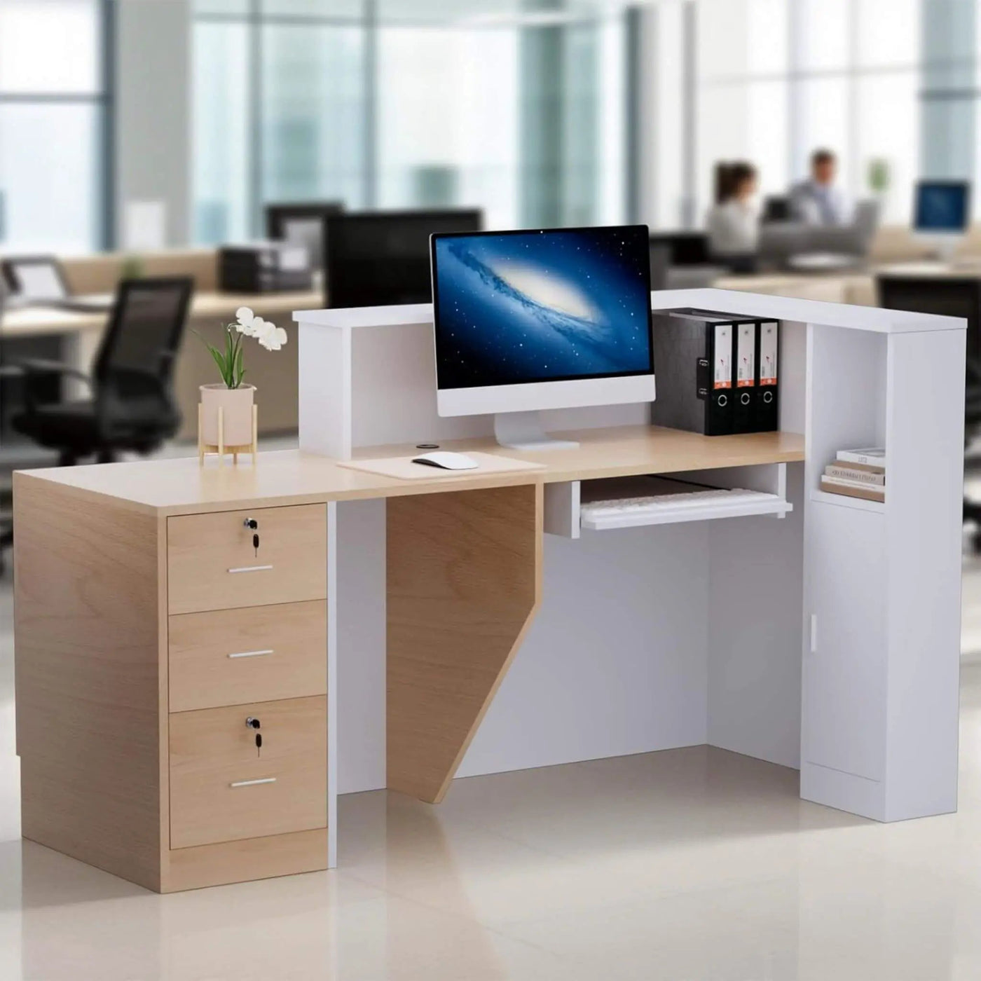 L-Shaped Modern Brown And White Reception Desk With Lockable Drawers (SAK26491) by SAKSBY WHOLESALE
