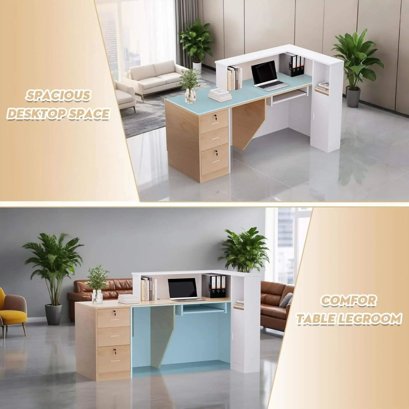 L-Shaped Modern Brown And White Reception Desk With Lockable Drawers (SAK26491) by SAKSBY WHOLESALE