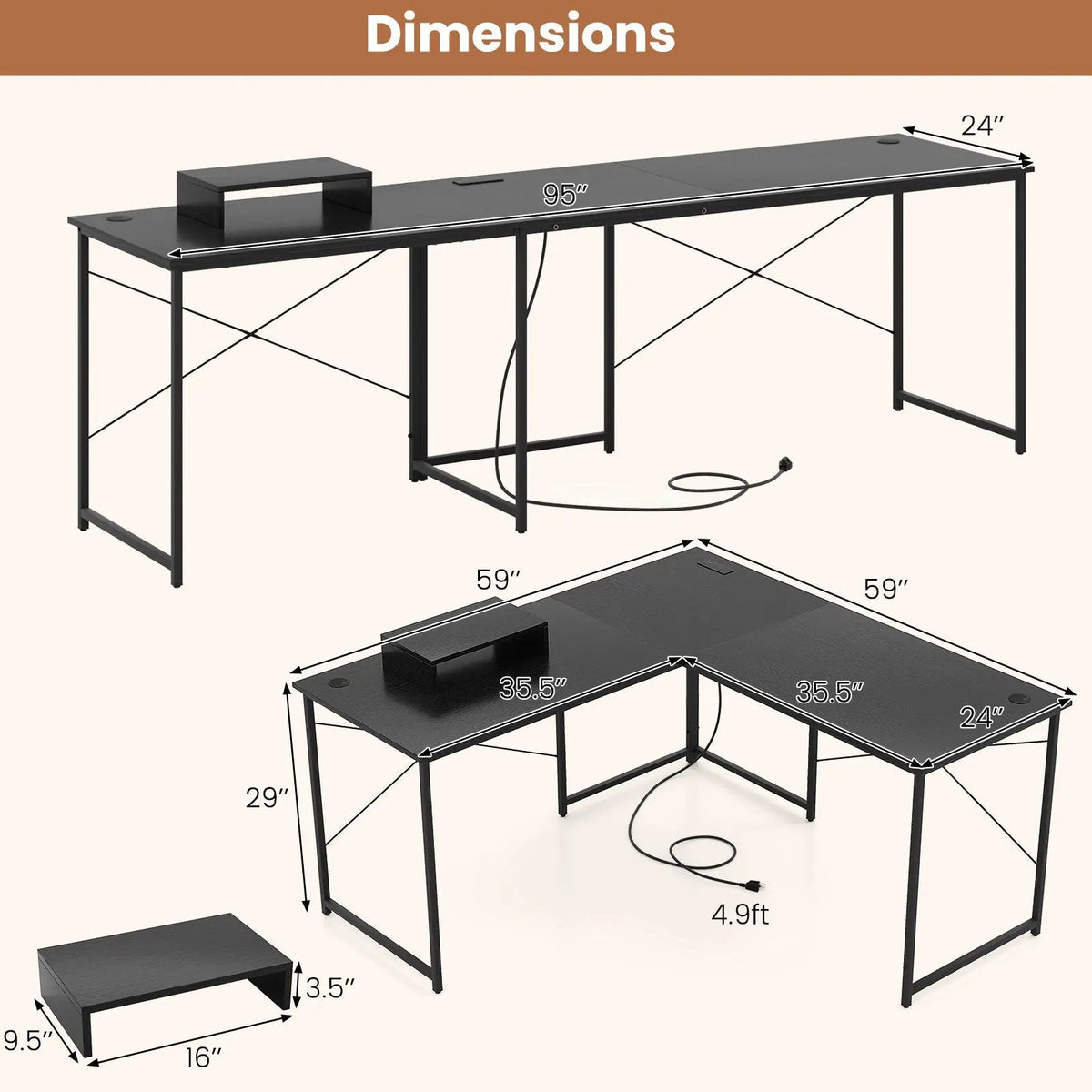 95 Inch 2-Person L-Shaped Long Reversible Computer Desk with Monitor Stand, photo 5 of 13