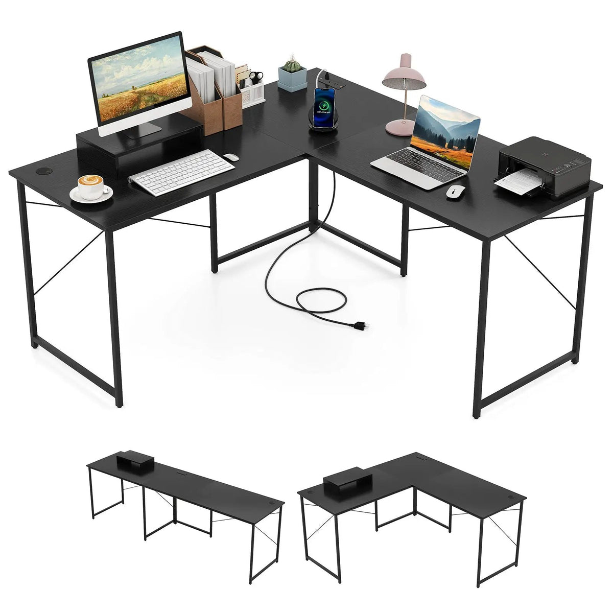 95 Inch 2-Person L-Shaped Long Reversible Computer Desk with Monitor Stand, photo 4 of 13