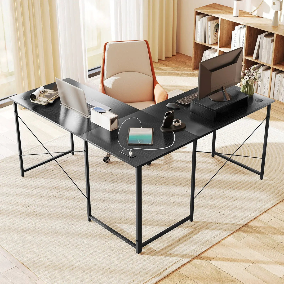 95 Inch 2-Person L-Shaped Long Reversible Computer Desk with Monitor Stand, photo 2 of 13