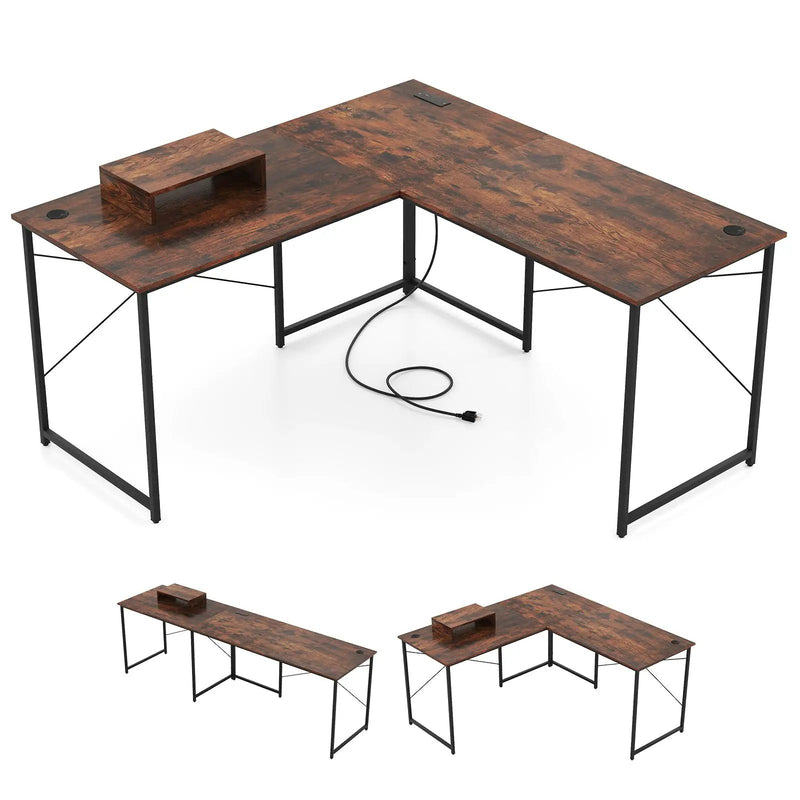 95 Inch 2-Person L-Shaped Long Reversible Computer Desk with Monitor Stand by DirectDeals