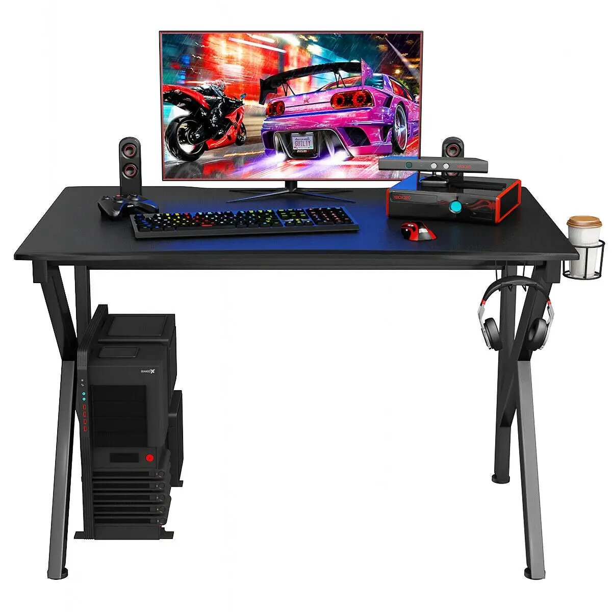 K-Shaped Gaming Desk with Cup Holder Headphone by DirectDeals