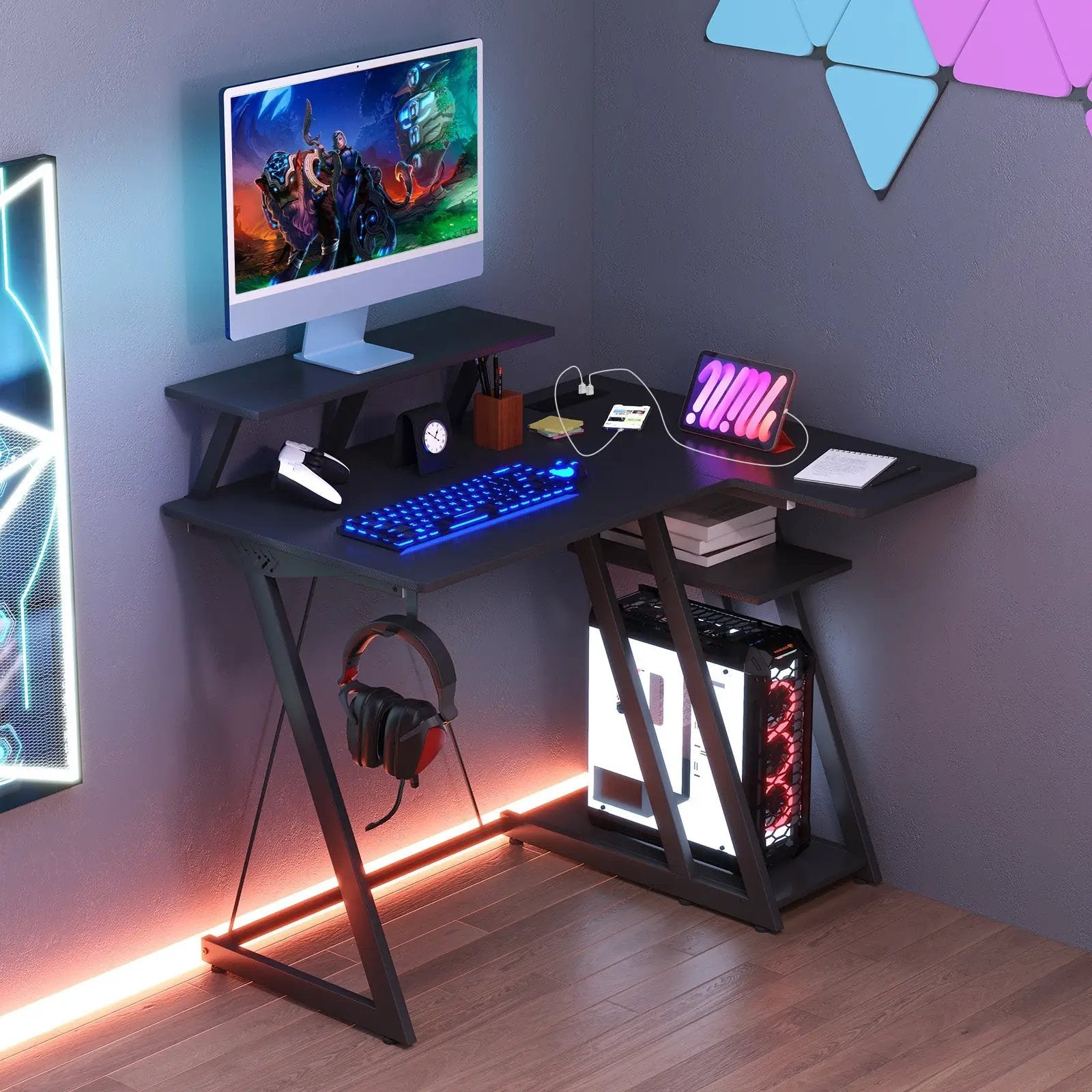 L Shaped Gaming Desk with Outlets and USB Ports by DirectDeals