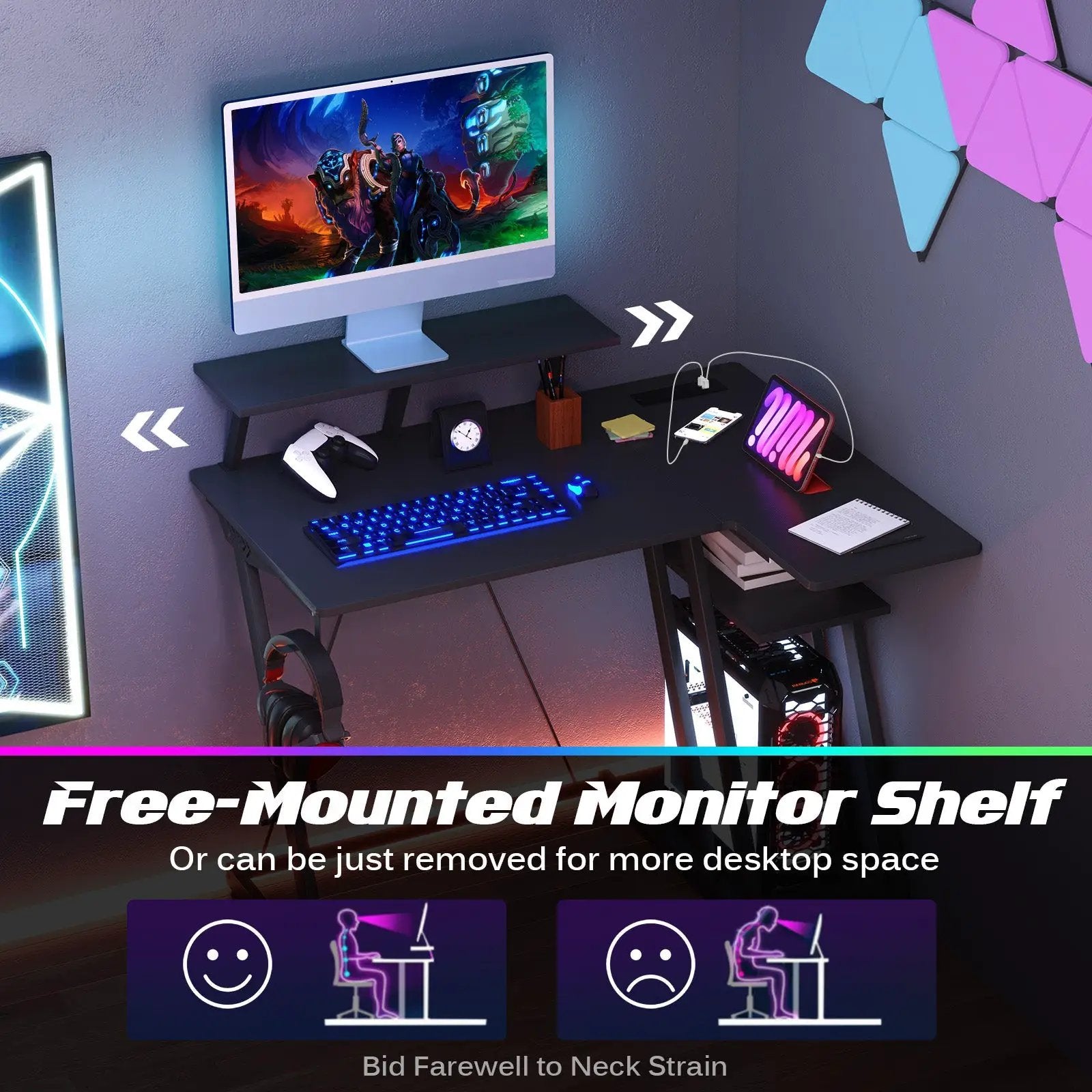 L Shaped Gaming Desk with Outlets and USB Ports by DirectDeals