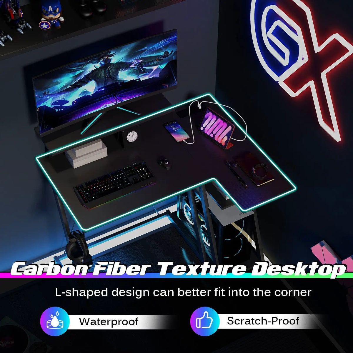 L Shaped Gaming Desk with Outlets and USB Ports, photo 8 of 24