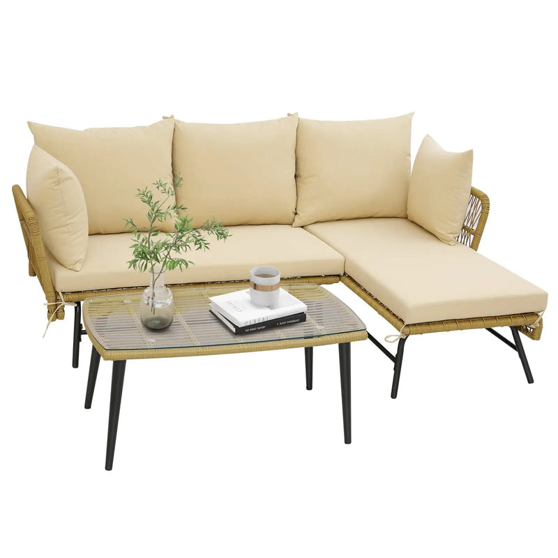 3 Pieces L-Shaped Patio Sofa with Cushions and Tempered Glass Table by DirectDeals