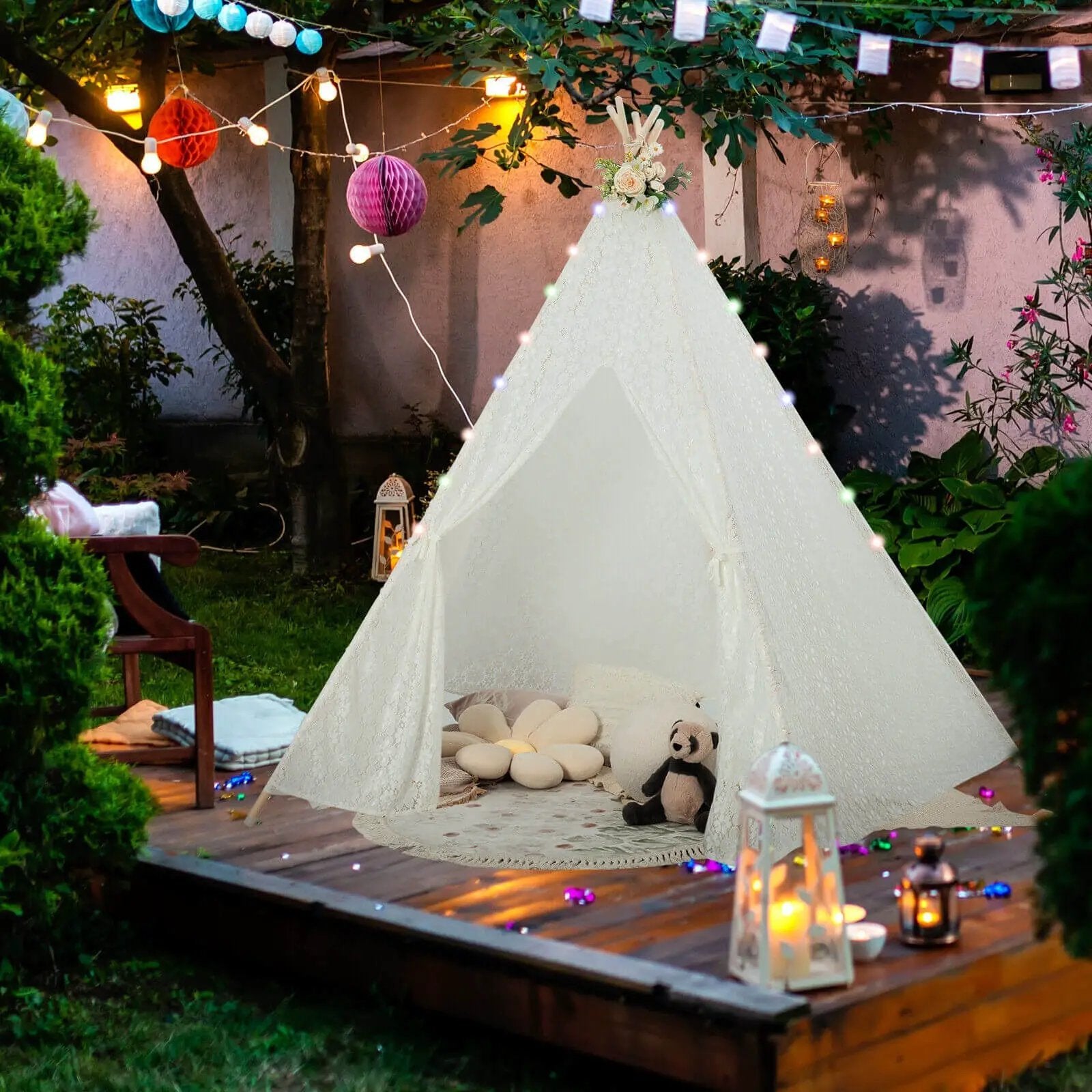 Lace Teepee Tent with Colorful Light Strings for Children by DirectDeals