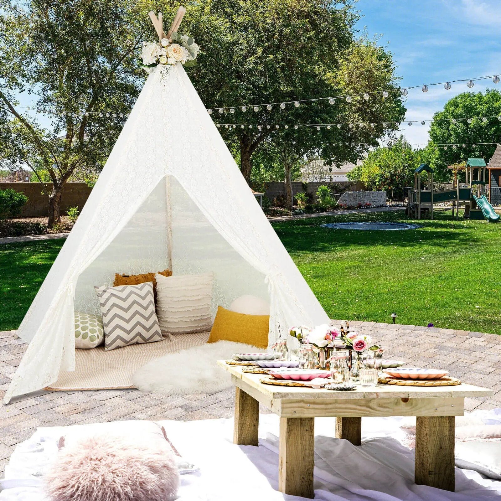 Lace Teepee Tent with Colorful Light Strings for Children by DirectDeals