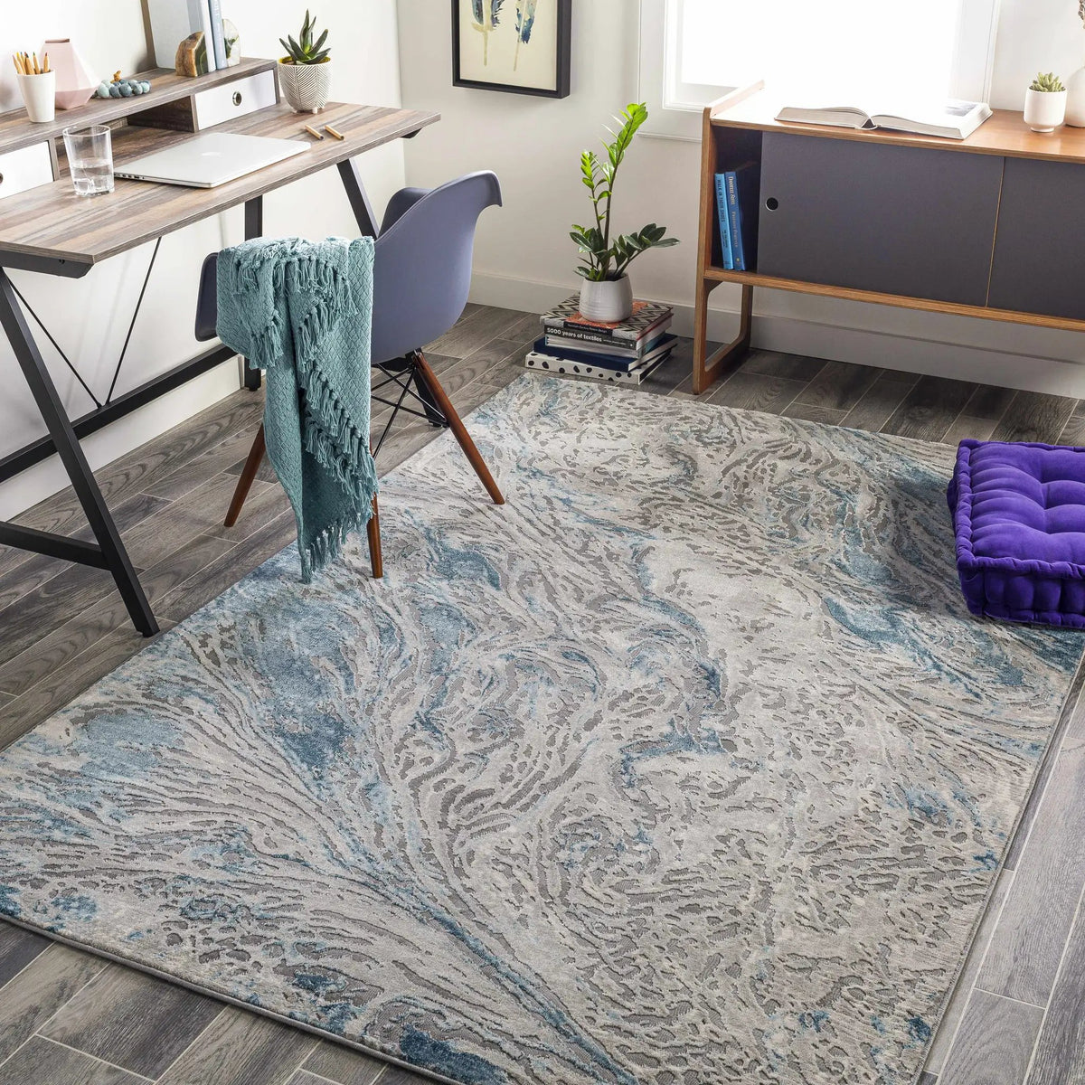Lambton Blue Marble Area Rug - Clearance, installed in a room