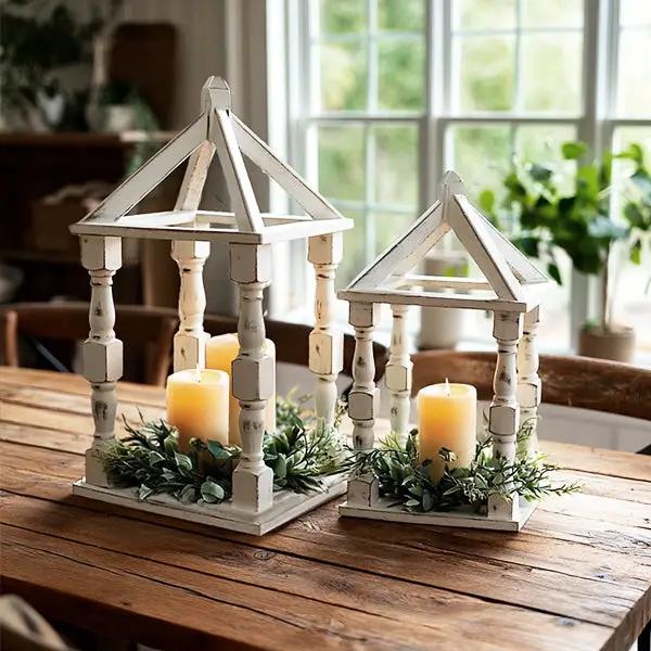 Distressed White Turned Wooden Open Lanterns, Set of Two by Decor Steals