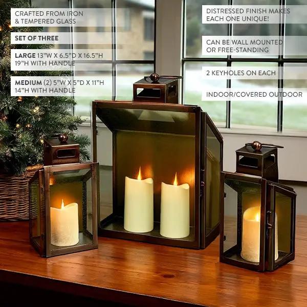 Rustic Bronze Tempered Glass Lanterns, Set of Three by Decor Steals