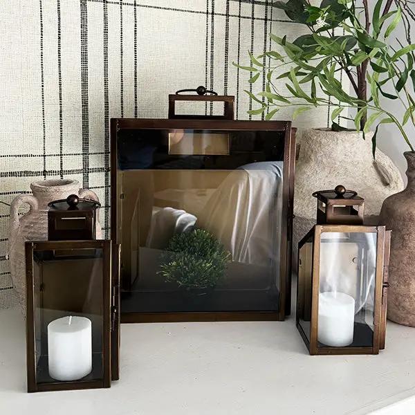 Rustic Bronze Tempered Glass Lanterns, Set of Three by Decor Steals
