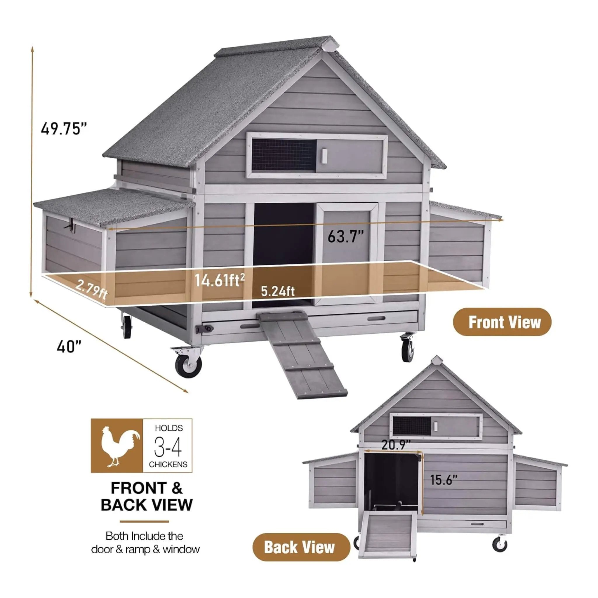 Large 63-Inch Movable Wooden Hen House With Wheels And Nesting Box (SAK50791) by SAKSBY WHOLESALE