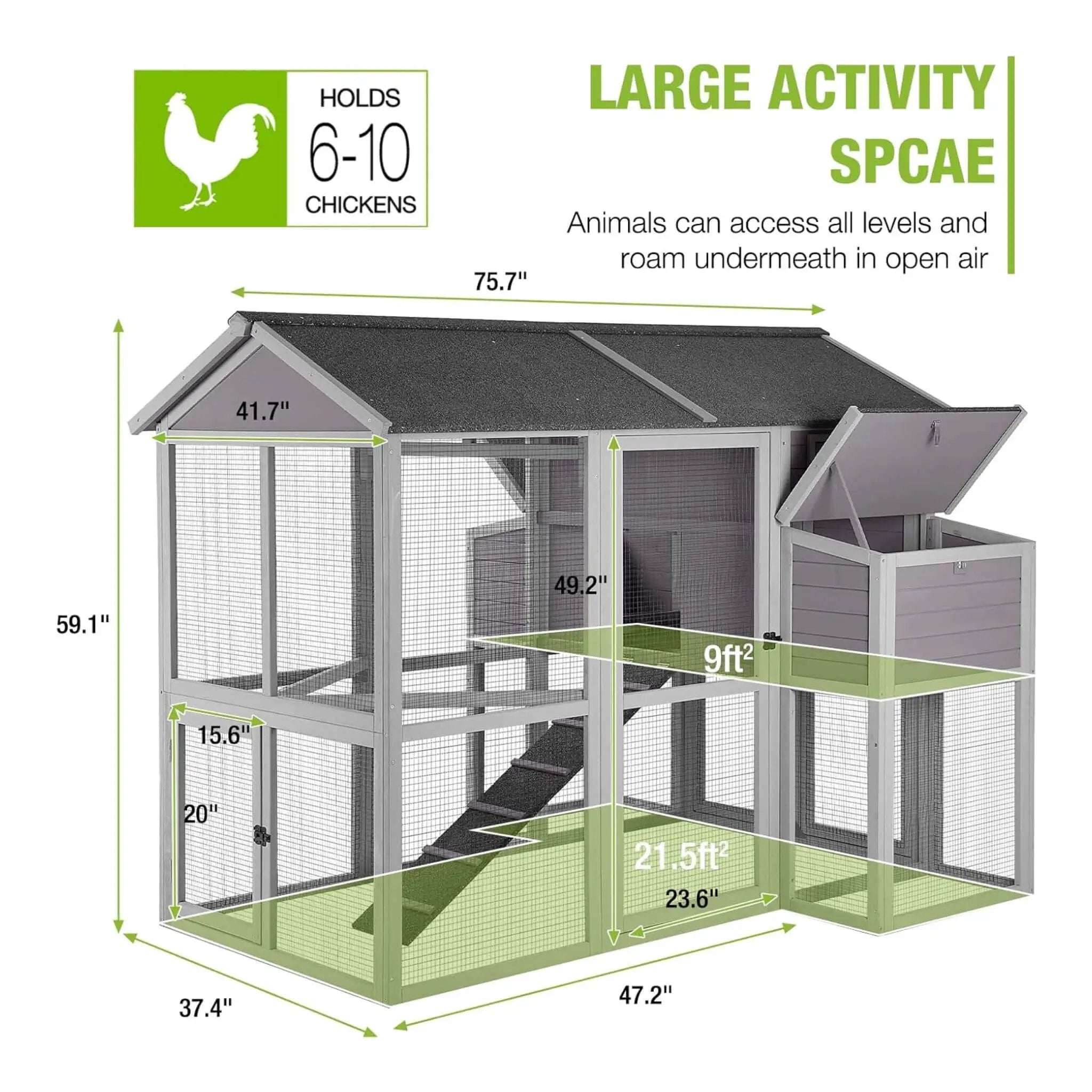 Large 76-Inch Outdoor Chicken Hen House With Sleeping Area And Run [6-10 Chickens] (SAK56431) by SAKSBY WHOLESALE