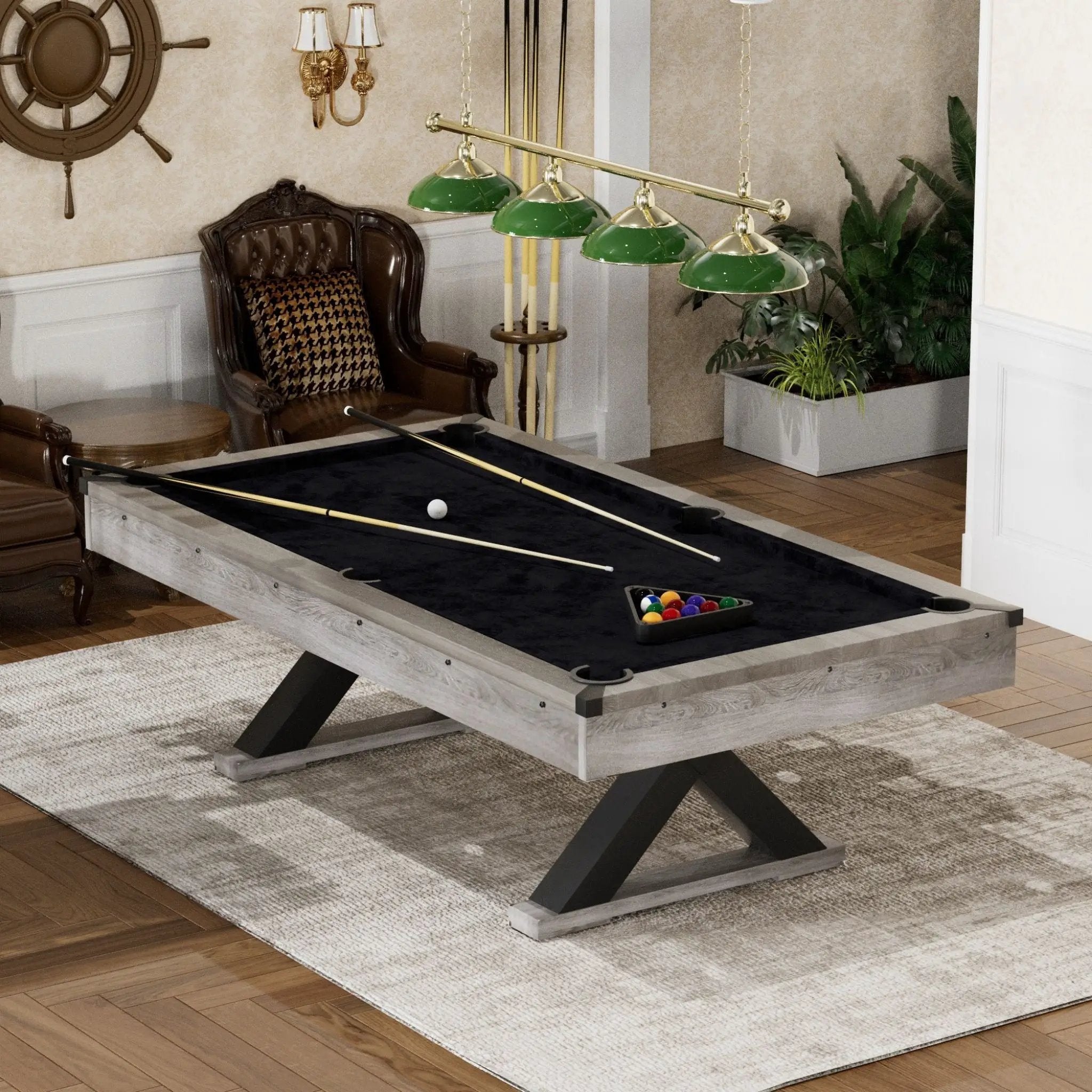 Large 84-Inch Rustic Gray Pool Table With Cues, Balls And X-Legs (SAK54361) by SAKSBY WHOLESALE