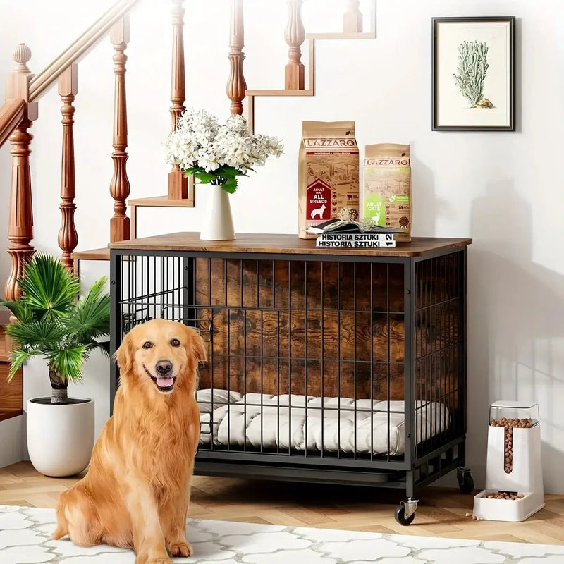 Large Heavy-Duty MDF & Wood Dog Crate Furniture - Double Door Kennel End Table with Removable Tray, Adjustable Divider &, Chew-Resistant Puppy Cage for Indoor/Outdoor Use, Multi-Size Dog House for Large Breeds (Golden Accent by House Of Avana