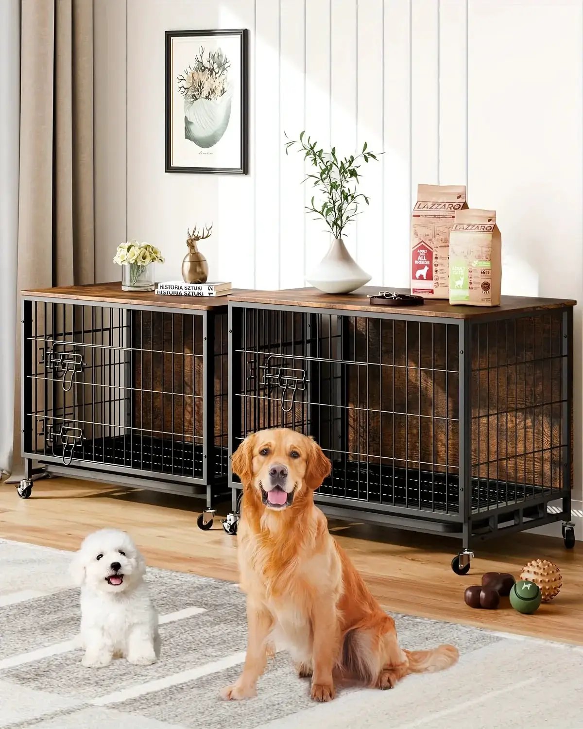 Large Heavy-Duty MDF & Wood Dog Crate Furniture - Double Door Kennel End Table with Removable Tray, Adjustable Divider &, Chew-Resistant Puppy Cage for Indoor/Outdoor Use, Multi-Size Dog House for Large Breeds (Golden Accent by House Of Avana