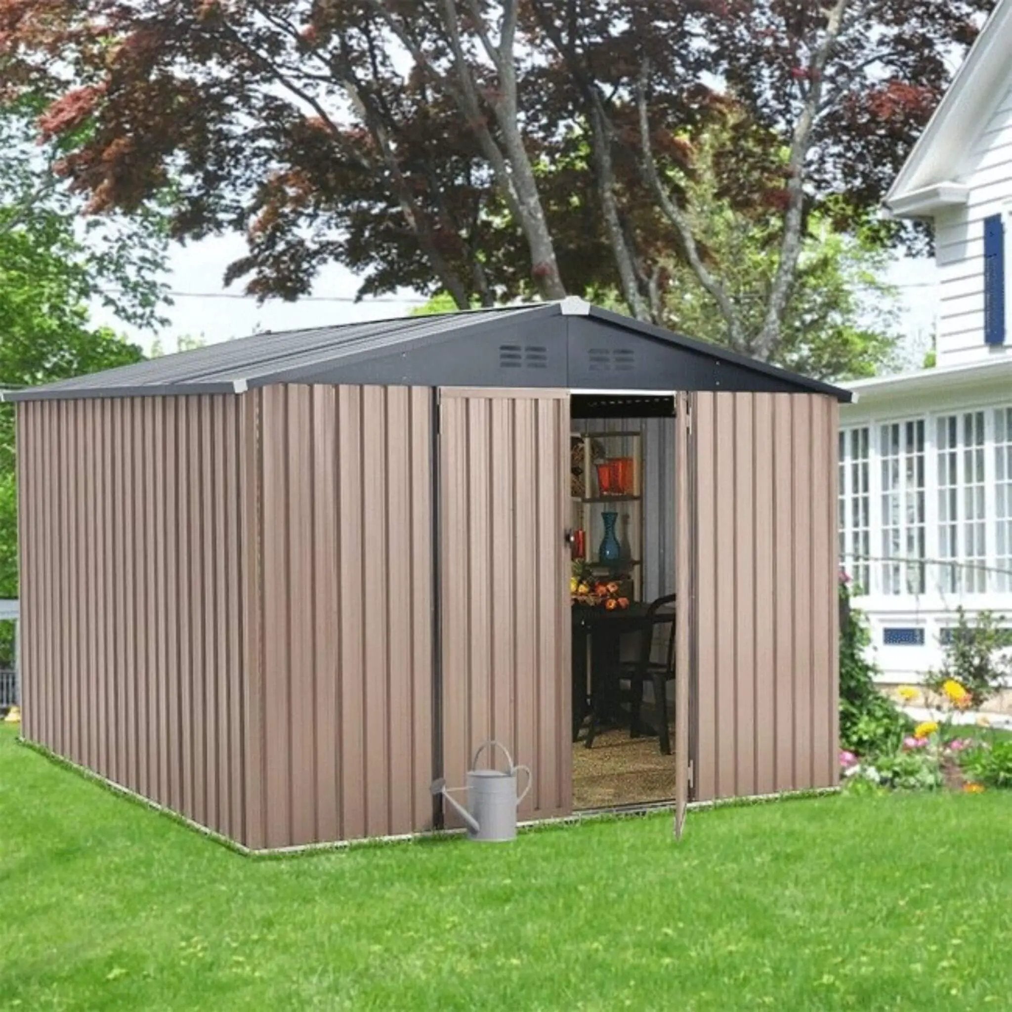 [08X10FT] Alora Large Heavy-Duty Outdoor Metal Garden Tools Storage Utility Shed W/ Lockable Door (SAK72751) by SAKSBY WHOLESALE